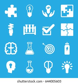 Solution icons set. set of 16 solution filled icons such as target, brain, puzzle, tick, light bulb, fluorescent lamp, energetic drink, keyhole in head, bulb in hand