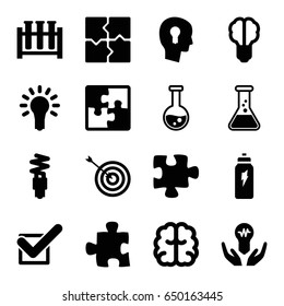 Solution icons set. set of 16 solution filled icons such as target, brain, puzzle, tick, light bulb, fluorescent lamp, energetic drink, keyhole in head, bulb in hand