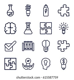 Solution icons set. set of 16 solution outline icons such as brain, puzzle, tick, light bulb, fluorescent lamp, keyhole in head, energetic drink, bulb with dollar