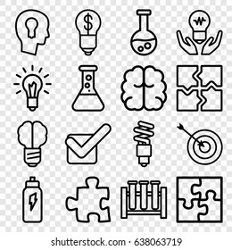 Solution icons set. set of 16 solution outline icons such as target, brain, puzzle, tick, light bulb, fluorescent lamp, keyhole in head, energetic drink, bulb with dollar