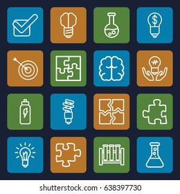 Solution icons set. set of 16 solution outline icons such as target, brain, puzzle, tick, light bulb, fluorescent lamp, energetic drink, bulb with dollar