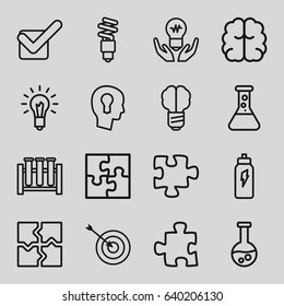 Solution icons set. set of 16 solution outline icons such as target, brain, puzzle, tick, light bulb, fluorescent lamp, keyhole in head, energetic drink, test tube, brain bulb