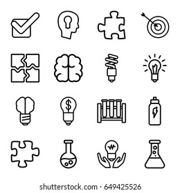 Solution icons set. set of 16 solution outline icons such as target, brain, puzzle, tick, light bulb, fluorescent lamp, keyhole in head, energetic drink, bulb with dollar