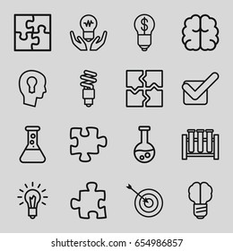 Solution icons set. set of 16 solution outline icons such as target, brain, puzzle, tick, light bulb, fluorescent lamp, keyhole in head, bulb with dollar