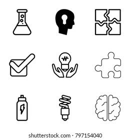 Solution icons. set of 9 editable outline solution icons such as keyhole in head, puzzle, test tube, bulb in hand, tick, fluorescent lamp, energetic drink