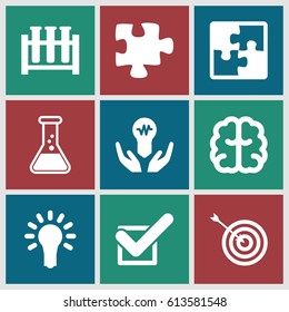 Solution icons set. set of 9 solution filled icons such as target, brain, puzzle, tick, light bulb, bulb in hand