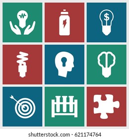 Solution icons set. set of 9 solution filled icons such as target, puzzle, fluorescent lamp, energetic drink, keyhole in head, bulb in hand, bulb with dollar, test tube