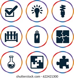 Solution icons set. set of 9 solution filled icons such as puzzle, tick, light bulb, fluorescent lamp, energetic drink