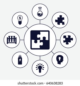 Solution icons set. set of 9 solution filled icons such as puzzle, light bulb, energetic drink, keyhole in head, bulb with dollar