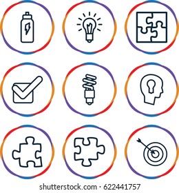 Solution icons set. set of 9 solution outline icons such as target, puzzle, tick, light bulb, fluorescent lamp, keyhole in head