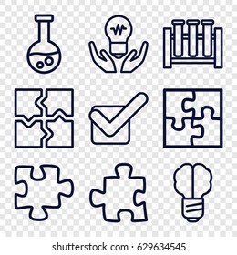 Solution icons set. set of 9 solution outline icons such as puzzle, tick, test tube, brain bulb