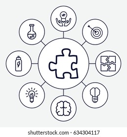 Solution icons set. set of 9 solution outline icons such as target, brain, puzzle, light bulb, energetic drink, test tube, brain bulb