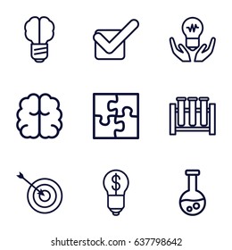 Solution icons set. set of 9 solution outline icons such as target, brain, tick, puzzle, bulb with dollar, test tube 