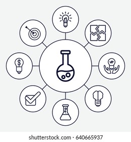 Solution icons set. set of 9 solution outline icons such as target, puzzle, tick, light bulb, bulb with dollar
