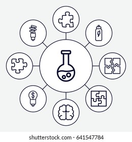Solution icons set. set of 9 solution outline icons such as brain, puzzle, fluorescent lamp, energetic drink, bulb with dollar