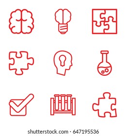 Solution icons set. set of 9 solution outline icons such as brain, puzzle, tick, keyhole in head, test tube