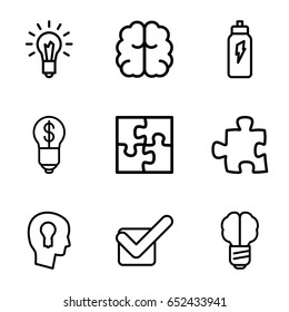 Solution icons set. set of 9 solution outline icons such as brain, tick, light bulb, keyhole in head, puzzle, energetic drink, bulb with dollar