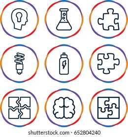 Solution icons set. set of 9 solution outline icons such as brain, puzzle, fluorescent lamp, keyhole in head, energetic drink