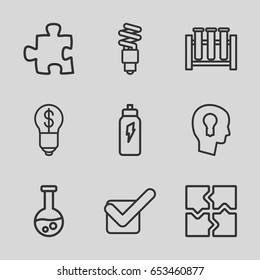 Solution icons set. set of 9 solution outline icons such as puzzle, tick, fluorescent lamp, keyhole in head, energetic drink, bulb with dollar