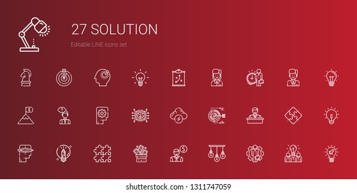 solution icons set. Collection of solution with employee, lamp, trick, puzzle, creative, target, brainstorm, brain, thinking, goal, strategy. Editable and scalable solution icons.
