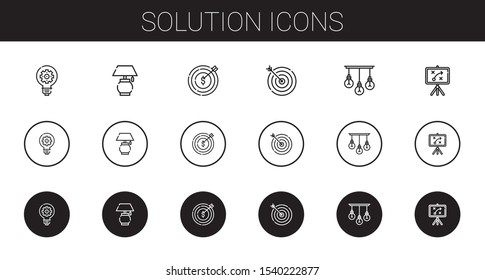 Solution Icons Set. Collection Of Solution With Idea, Lamp, Target, Strategy. Editable And Scalable Solution Icons.