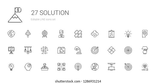 solution icons set. Collection of solution with lamp, startup, target, crossroads, employee, bulb, idea, puzzle, web plugin, ph, strategy. Editable and scalable solution icons.