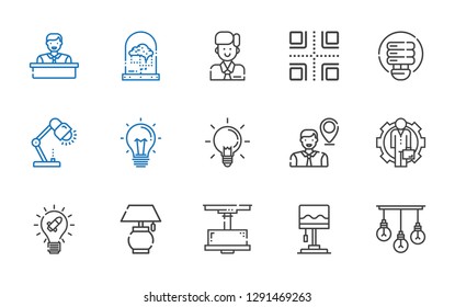solution icons set. Collection of solution with lamp, idea, employee, ideas, light bulb, crossroads, brain. Editable and scalable solution icons.
