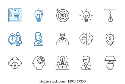 solution icons set. Collection of solution with lamp, employee, idea, bulb, brainstorm, brain, target, labyrinth. Editable and scalable solution icons.