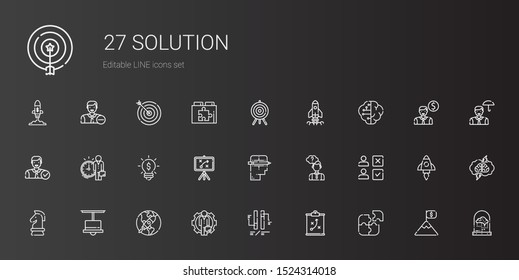solution icons set. Collection of solution with puzzle, strategy, ph, employee, startup, lamp, choice, thinking, creative, idea, brain, target. Editable and scalable solution icons.