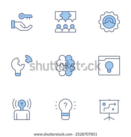 Solution icons set. Line Duotone style, editable stroke. brand awareness, problem solving, solution, strategy, creation, creativity, browser, no idea.