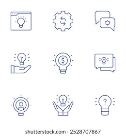 Ícones de solução definidos. Estilo de linha fina, traço editável. navegador, mão, lâmpada, circular, comunicação, ideia, nenhuma ideia.