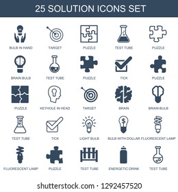 solution icons. Trendy 25 solution icons. Contain icons such as bulb in hand, target, puzzle, test tube, brain bulb, tick, keyhole in head, brain. solution icon for web and mobile.