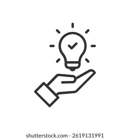 Solution or idea icon. Hand holding light bulb with check mark. Perfect for concepts related to innovation, problem-solving, success, and positive outcomes