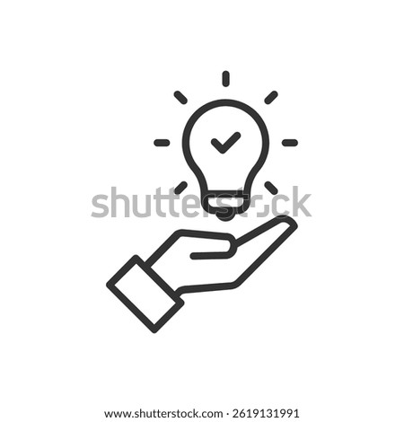Solution or idea icon. Hand holding light bulb with check mark. Perfect for concepts related to innovation, problem-solving, success, and positive outcomes