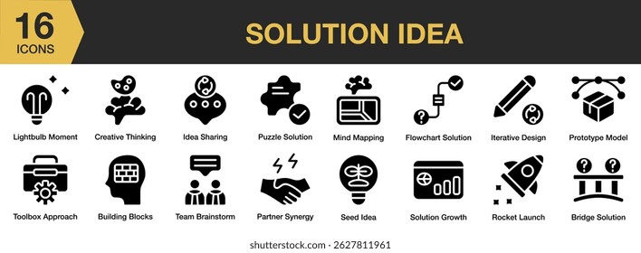 Solution Idea solid icon set. Includes idea, creative, solution, bulb, creativity, innovation, and More. Solid icons vector collection.