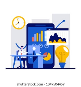 Solución, conceptos innovadores de decisión con carácter de empresarios. Trabajadores del departamento de publicidad. Promoción de productos, análisis de mercado. Moderno estilo plano para página de inicio, aplicación móvil, imágenes de héroes.