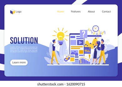 Solution, innovative decision landing page vector template. Advertising department workers, businesspeople faceless characters. Product promotion, market analysis web banner homepage design layout