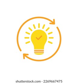 solution or insight icon with yellow lightbulb. concept of aha moment or think outside the box symbol. flat cartoon simple renewable energy or quizz logotype design web element isolated on white