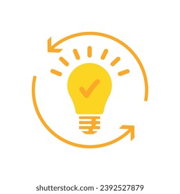 solution or insight icon with yellow lightbulb. concept of aha moment or think outside the box symbol. flat cartoon simple renewable energy or quizz logotype design web element isolated on white