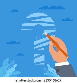 Solution of issue. Ignoring problem, hand holding pencil and erasing question mark, strategy of behavior, choice not to look for answer, difficult task in work vector cartoon flat concept