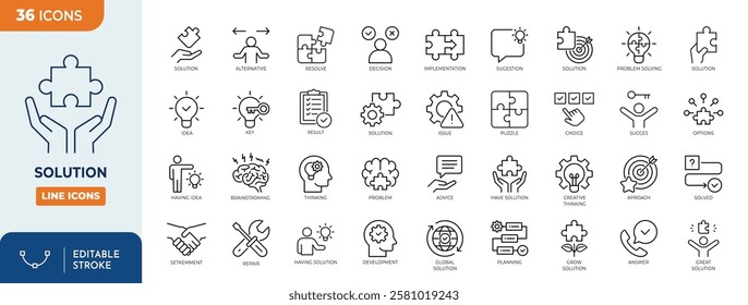 Solution line editable icon set. Containing problem solving, alternative, resolve, answer, maze, issue, and more. Vector illustration.