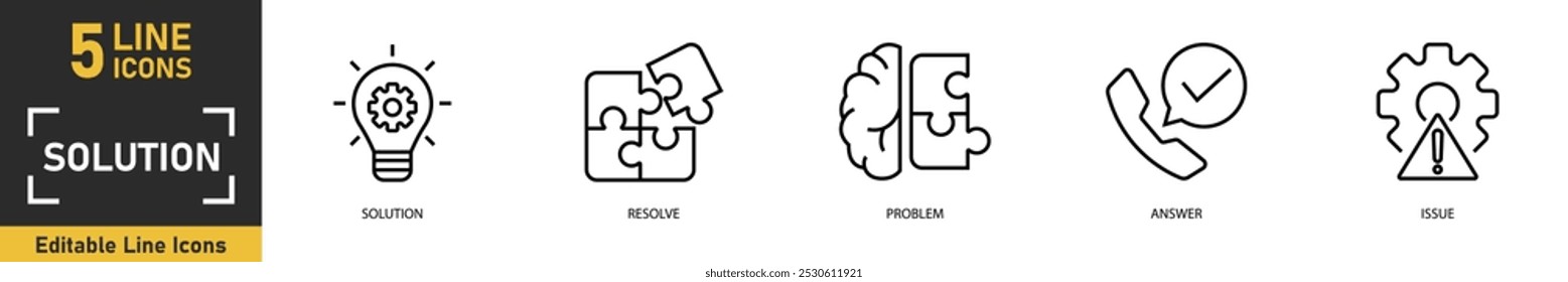 Symbolsatz für Lösungszeile. Satz von 5 Gliederungssymbolen, die sich auf Lösung, Lösung, Problem, Antwort, Problem und mehr beziehen. Vektorgrafik.