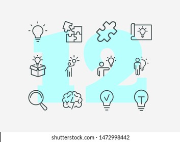 Solution Line Icon Set. Bulb, Puzzle, Brain. Idea Concept. Can Be Used For Topics Like Business, Startup, Project, Innovation