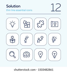 Solution line icon set. Bulb, puzzle, brain. Idea concept. Can be used for topics like business, startup, project, innovation