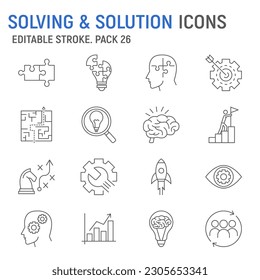 Solution line icon set, business collection, seo vector graphics, logo illustrations, solving vector icons, optimizations for a search engine signs, outline pictograms, editable stroke