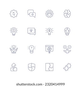 Solution line icon set. Editable stroke. Thin line icon. Containing circular, communication, creation, creativity, idea, innovation, light bulb, no idea, presentation, problem solving, provision.