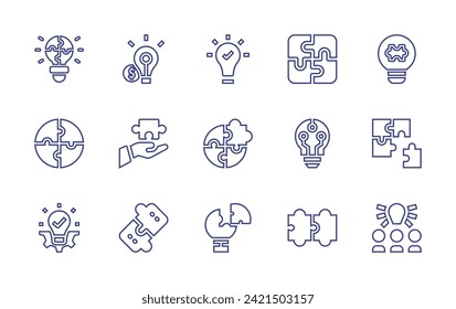 Solution line icon set. Editable stroke. Vector illustration. Containing bulb, solution, puzzle, skill development, integration, innovation, idea, problem, idea bulb, problem solving, piece.