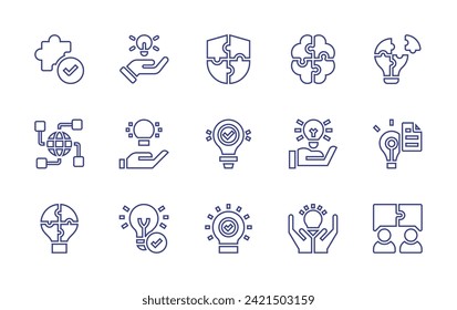 Solution line icon set. Editable stroke. Vector illustration. Containing solution, idea, puzzle, bulb, invention, light bulb, teamwork.