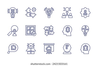 Solution line icon set. Editable stroke. Vector illustration. Containing innovation, solution, employee, brainstorming, strategic, puzzle.