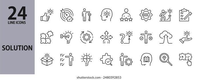 Solution line icons set with Goal, Puzzle, Lamp, Gear, Idea, Issue, Progress, Realization, Answer, Choice, Resolve, Think, Seek, Development, Find, Problem, Information and more. Editable Stroke